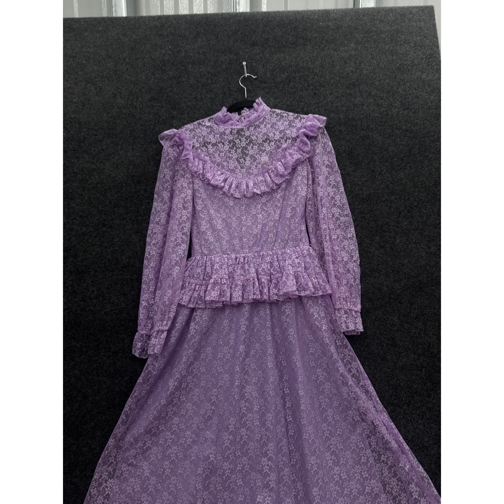 Vintage Lavender Floral Lace Ruffle Peplum Maxi Dress Victorian Cottagecore